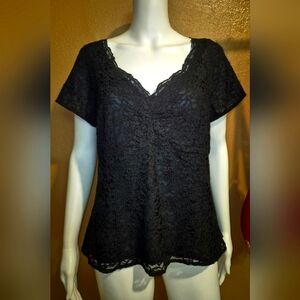Talbots Black Fitted Lace Blouse Short Sleeve. Size 14